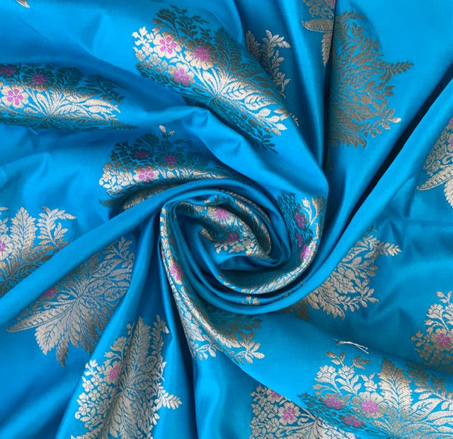 Blue Gold jacquard brocade fabric, Metallic brocade, Satin brocade, Renaissance fabric, Designer fabric, Historical fabric, Floral brocade - NFAF1098