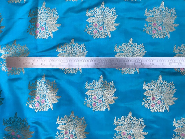 Blue Gold jacquard brocade fabric, Metallic brocade, Satin brocade, Renaissance fabric, Designer fabric, Historical fabric, Floral brocade - NFAF1098
