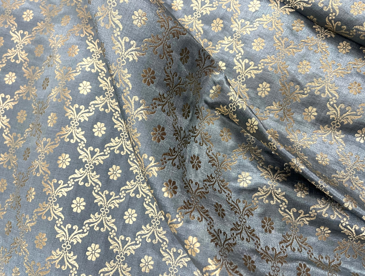 Gray and Gold Jacquard Brocade fabric, Wedding dress, Rayon silk brocade, Historical fabric, Brocart tissu, Theatre costume - NFAF120
