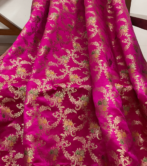 Brocade fabricJacquard damask fabric Lehenga dress Pink Wedding bridal Gold brocade Silk bollywood Lehenga dress Brocade fabric by the yard