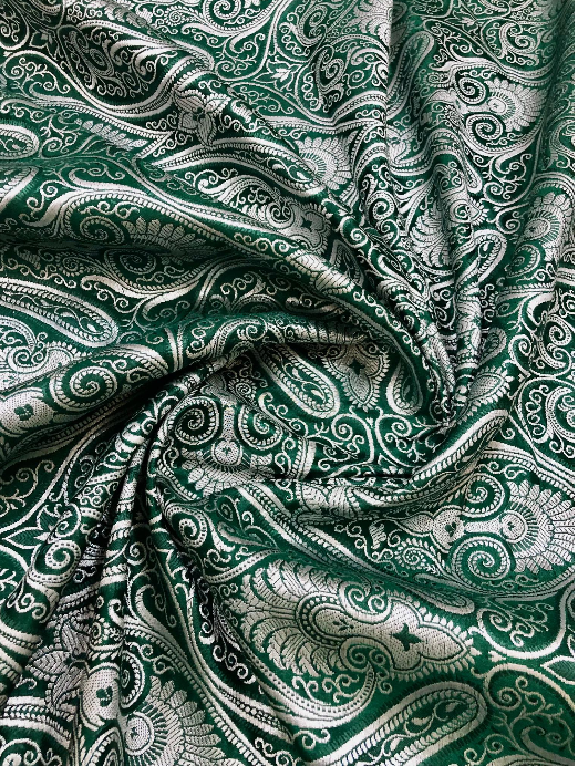 Banarasi brocade fabric, Green & silver Paisley brocade fabric, Home décor fabric, Theatre costume, Wedding dress, Jacquard fabric, Fabric by the yard/meter - NFAF132