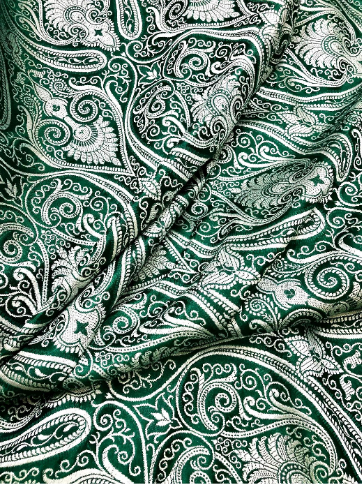 Banarasi brocade fabric, Green & silver Paisley brocade fabric, Home décor fabric, Theatre costume, Wedding dress, Jacquard fabric, Fabric by the yard/meter - NFAF132