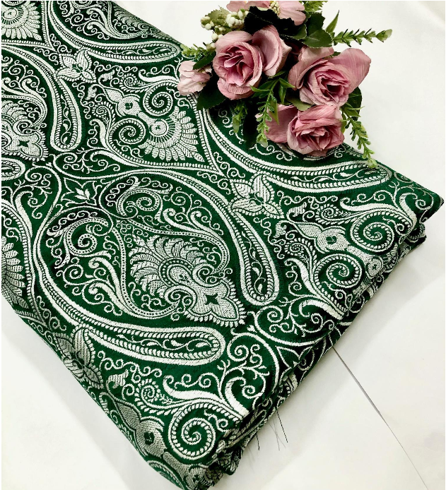 Banarasi brocade fabric, Green & silver Paisley brocade fabric, Home décor fabric, Theatre costume, Wedding dress, Jacquard fabric, Fabric by the yard/meter - NFAF132