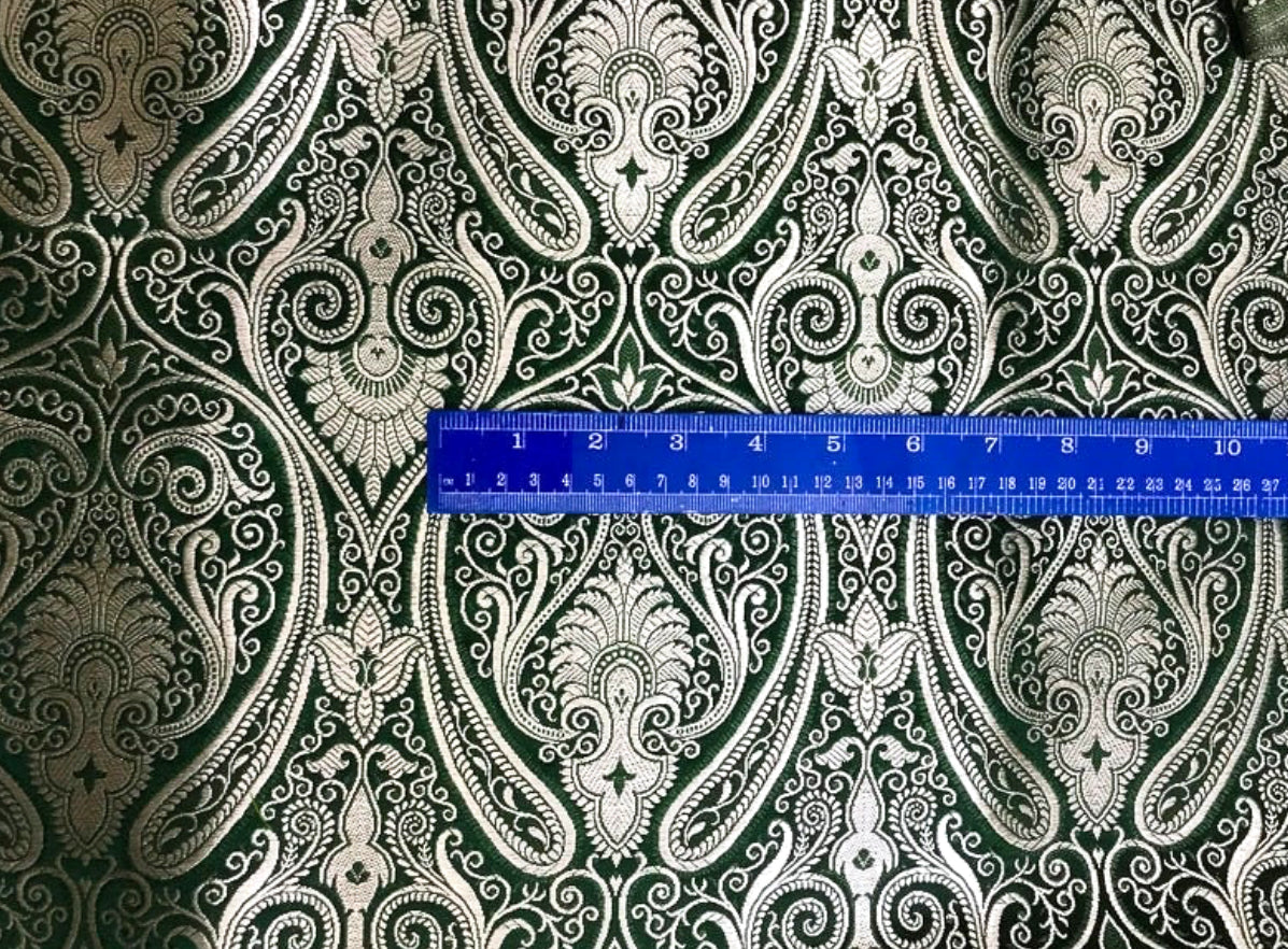 Banarasi brocade fabric, Green & silver Paisley brocade fabric, Home décor fabric, Theatre costume, Wedding dress, Jacquard fabric, Fabric by the yard/meter - NFAF132