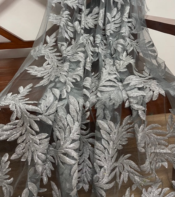 Embroidered Tulle Fabric, Gray Wedding dress fabric, Fabric store, Embroidery design, Handmade, Mesh fabric - NFAF234