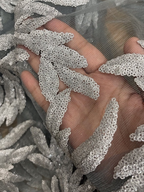 Embroidered Tulle Fabric, Gray Wedding dress fabric, Fabric store, Embroidery design, Handmade, Mesh fabric - NFAF234
