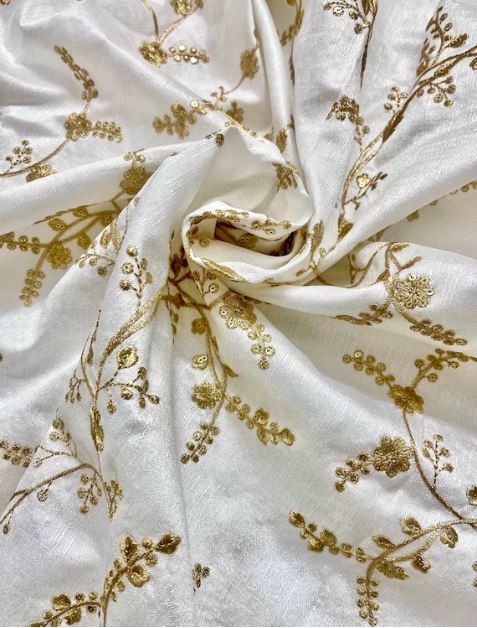 Off White and Gold Embroidered Fabric, Haute couture, Wedding inspiration, Gold flower, Royal fabric, Fashion fabric - NFAF30