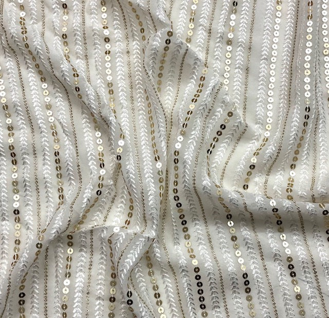 Embroidered Georgette fabric White Gold Wedding Bridal dress Gold embroidery Lehenha Fabric Dyeable dupatta fabric by the yard -NFAF332