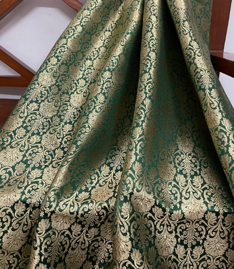 Brocade Fabric, Green Gold Damask Jacquard Brocade Fabric Upholstery Indian Dress Festival Wear Brocade Fabric by the yard/meter - NFAF433