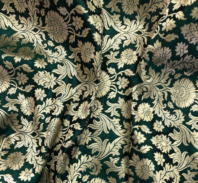 Banarasi Brocade Fabric, Green Gold Floral brocade fabric, Metallic brocade, Rayon silk brocade, Historical fabric, Gold fabric - NFAF445