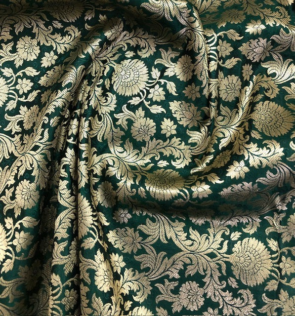 Banarasi Brocade Fabric, Green Gold Floral brocade fabric, Metallic brocade, Rayon silk brocade, Historical fabric, Gold fabric - NFAF445