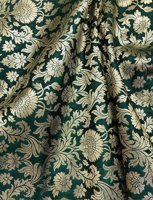 Banarasi Brocade Fabric, Green Gold Floral brocade fabric, Metallic brocade, Rayon silk brocade, Historical fabric, Gold fabric - NFAF445