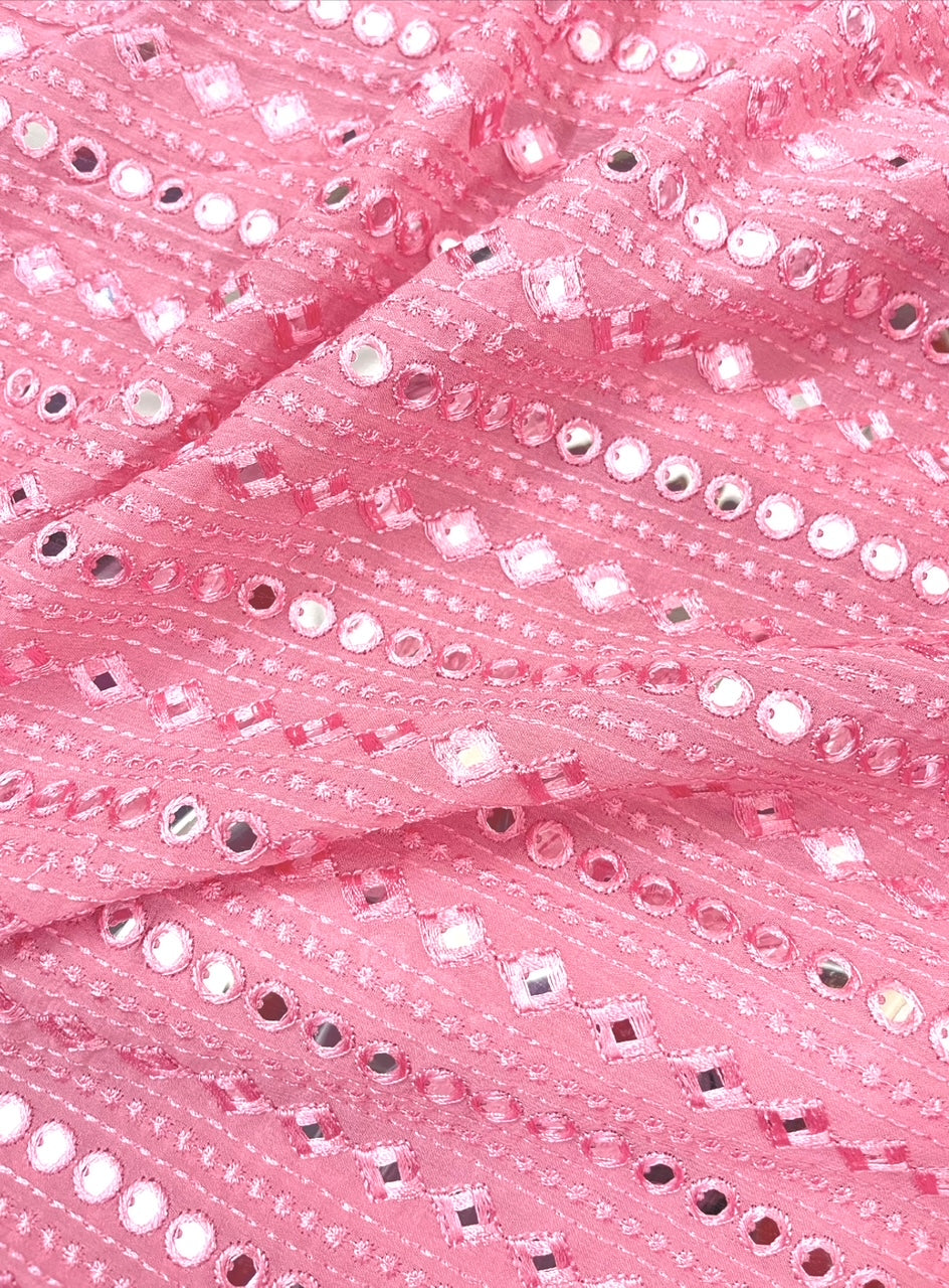 Embroidered fabric Pink Georgette MirrorWork fabric Wedding Bridal dress Fabric Lehenga Salwar Suit Dupatta fabric By the Yard- NFAF460