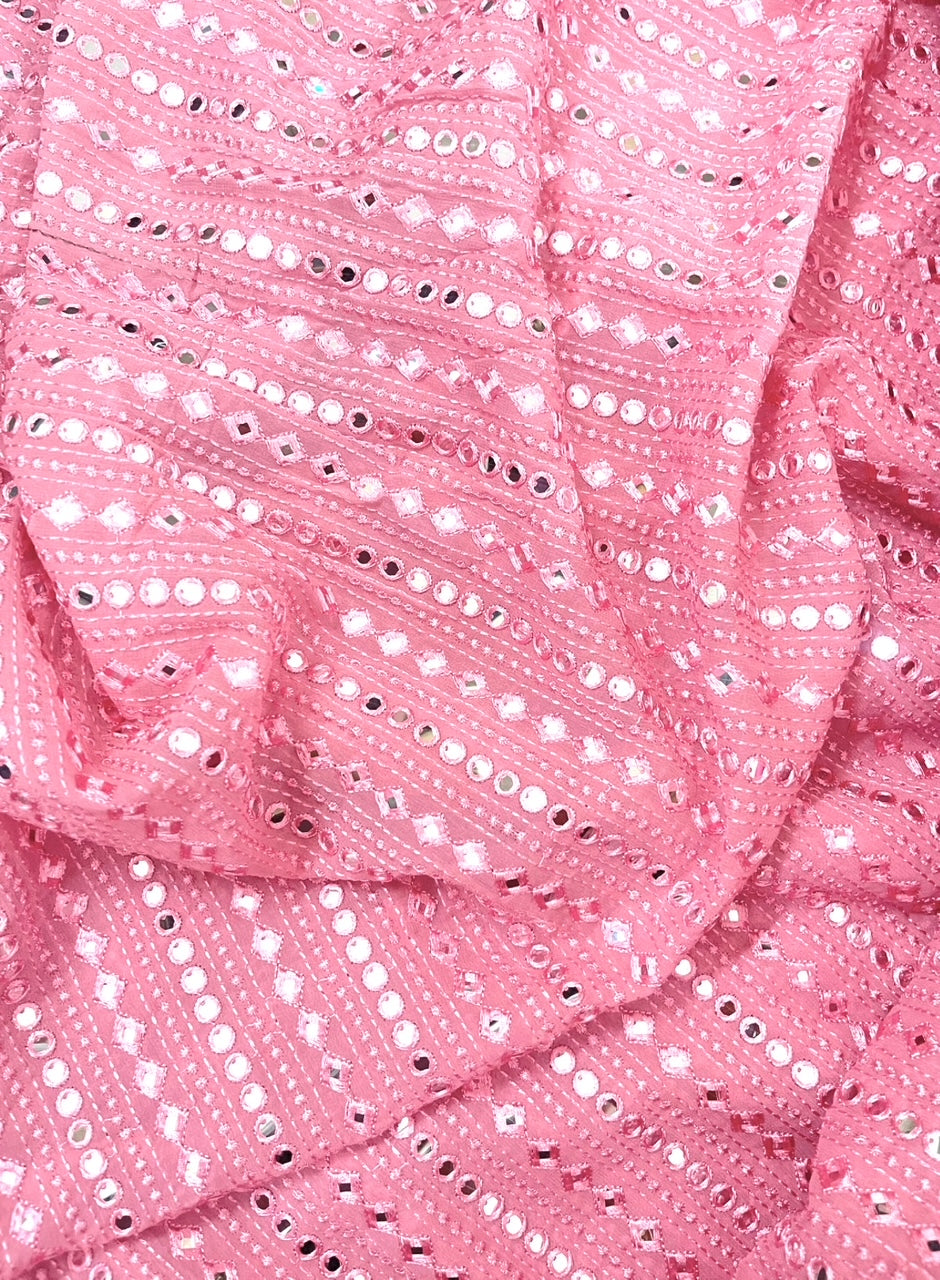 Embroidered fabric Pink Georgette MirrorWork fabric Wedding Bridal dress Fabric Lehenga Salwar Suit Dupatta fabric By the Yard- NFAF460