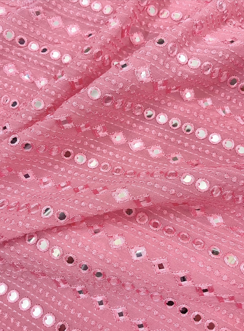 Embroidered fabric Pink Georgette MirrorWork fabric Wedding Bridal dress Fabric Lehenga Salwar Suit Dupatta fabric By the Yard- NFAF460