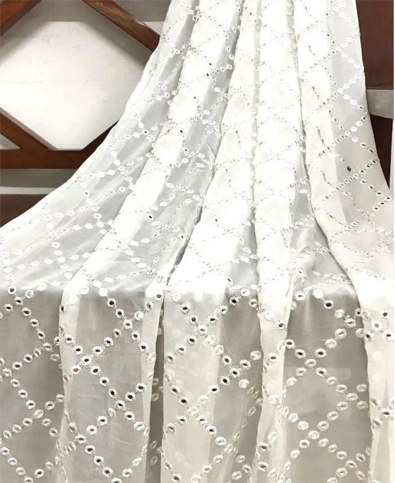 Off white embroidered fabric, Georgette foil mirror fabric, Gold fabric, Wedding inspiration, Bridesmaid dress, Fashion fabric, Indian fabric, Thread embroidery - NFAF462