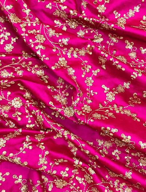 Pink and gold embroidered fabric, Wedding dress, Gold flower, Indian fabric, Thread embroidery, Royal fabric, Handmade, Luxury fabric - NFAF474