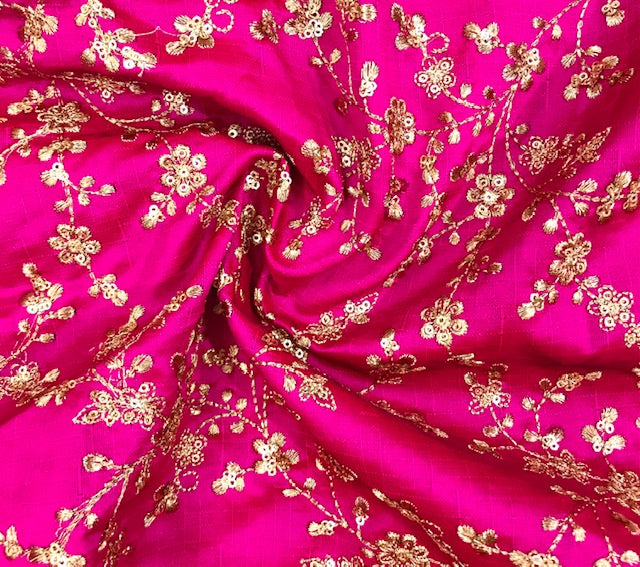 Pink and gold embroidered fabric, Wedding dress, Gold flower, Indian fabric, Thread embroidery, Royal fabric, Handmade, Luxury fabric - NFAF474