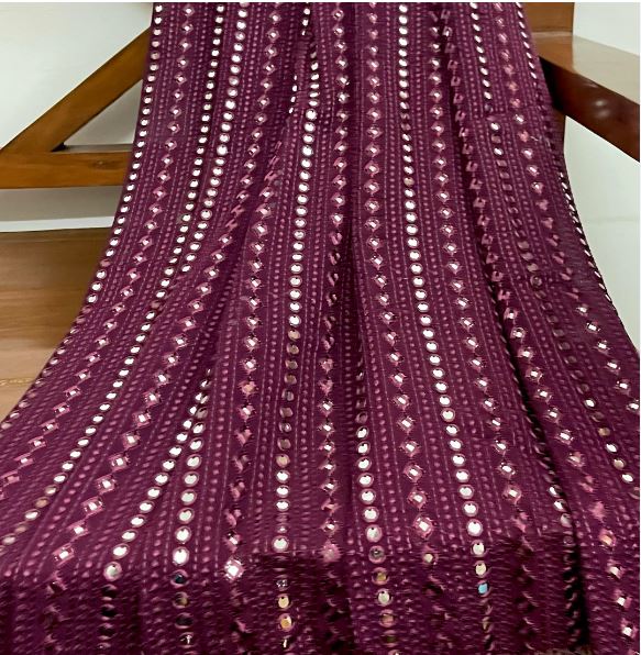 Wine embroidered fabric,  Georgette foil mirror fabric, Wedding dress, Bridesmaid dress, Luxury fabric, Fashion fabric, Gold fabric - NFAF494