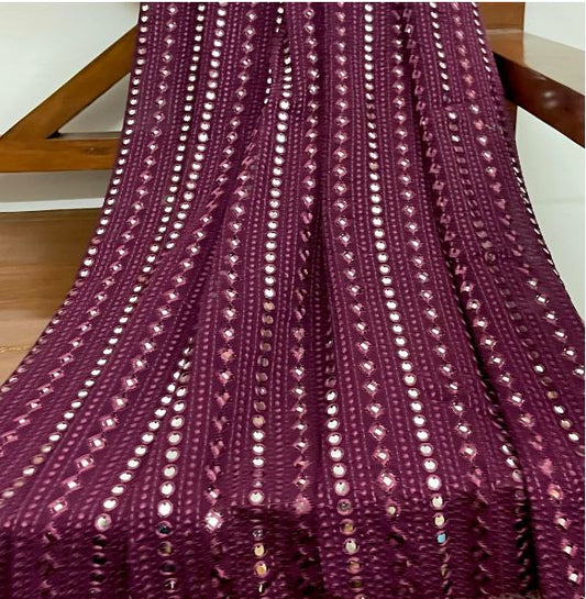 Wine embroidered fabric,  Georgette foil mirror fabric, Wedding dress, Bridesmaid dress, Luxury fabric, Fashion fabric, Gold fabric - NFAF494