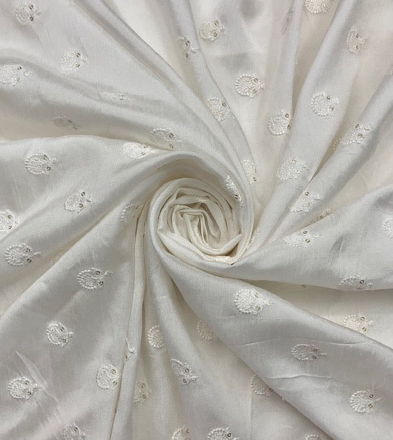 Embroidered fabric, White Wedding dress fabric, Bridesmaid dress, Floral design, Thread embroidery, Indian fabric, Handmade, Embroidery design - NFAF497