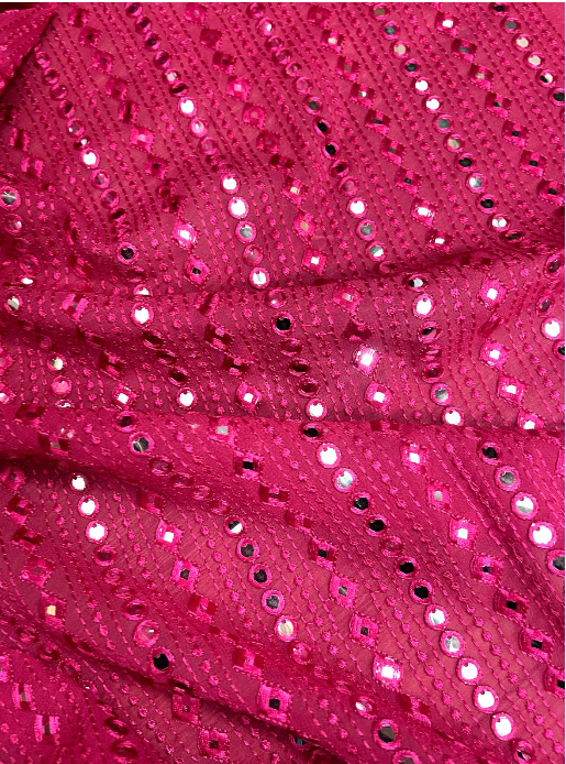 Fuchsia embroidered fabric, Georgette foil mirror fabric, Gold fabric, Wedding inspiration, Bridesmaid dress, Fashion fabric, Indian fabric, Thread embroidery - NFAF504