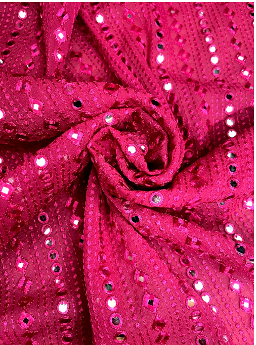 Fuchsia embroidered fabric, Georgette foil mirror fabric, Gold fabric, Wedding inspiration, Bridesmaid dress, Fashion fabric, Indian fabric, Thread embroidery - NFAF504