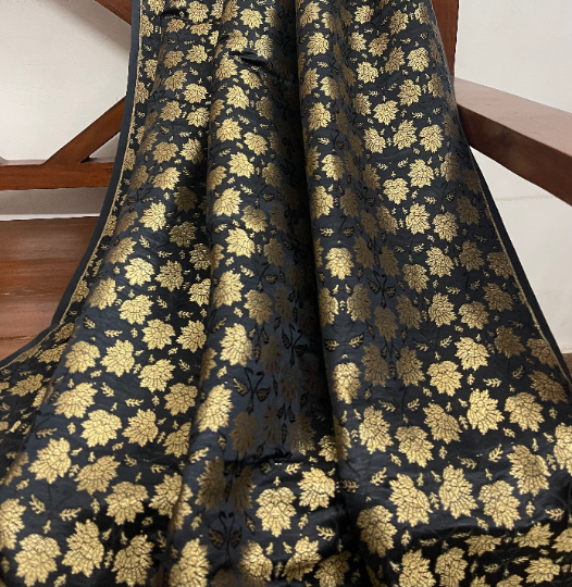 Black gold brocade fabric, Rayon silk brocade, Wedding fabric, Renaissance fabric, By the meter - NFAF525