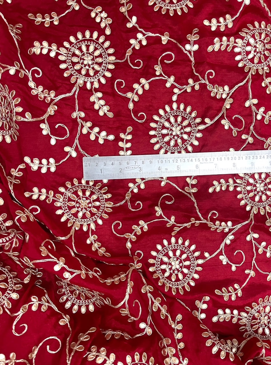 Embroidered fabric, Chinon Chiffon Fabric, Red gold Gota patti fabric, Gold flower, Wedding dress, Luxury fabric, Embroidery art - NFAF54C