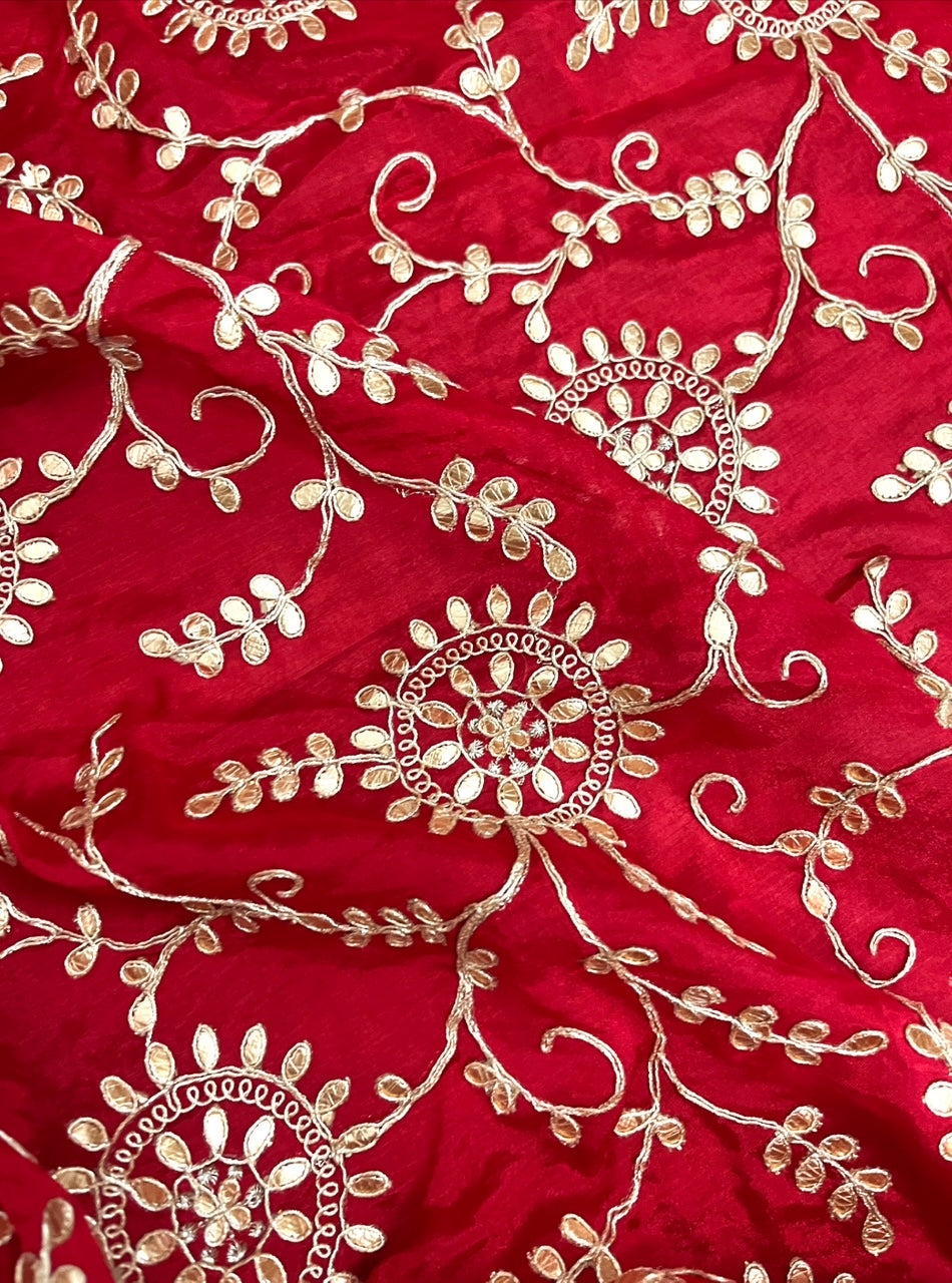 Embroidered fabric, Chinon Chiffon Fabric, Red gold Gota patti fabric, Gold flower, Wedding dress, Luxury fabric, Embroidery art - NFAF54C