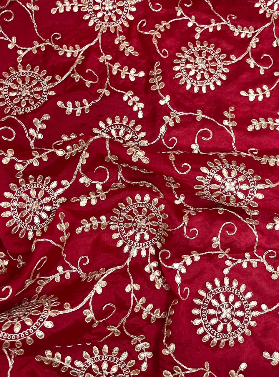 Embroidered fabric, Chinon Chiffon Fabric, Red gold Gota patti fabric, Gold flower, Wedding dress, Luxury fabric, Embroidery art - NFAF54C