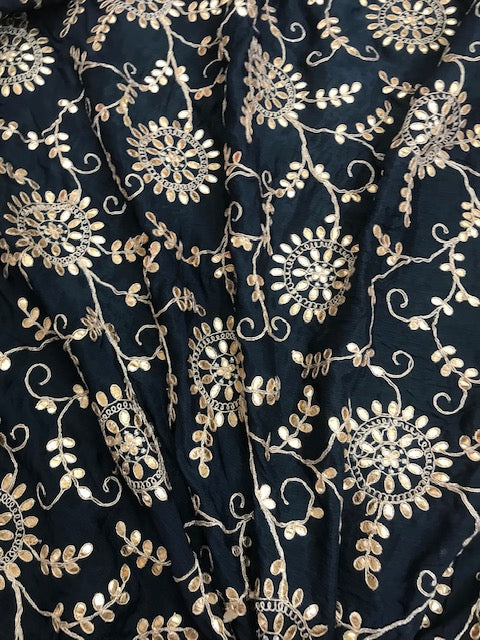 Embroidered fabric, Chinon Chiffon Fabric, Blue gold Gota patti fabric, Gold flower, Wedding dress, Luxury fabric, Embroidery art - NFAF54D