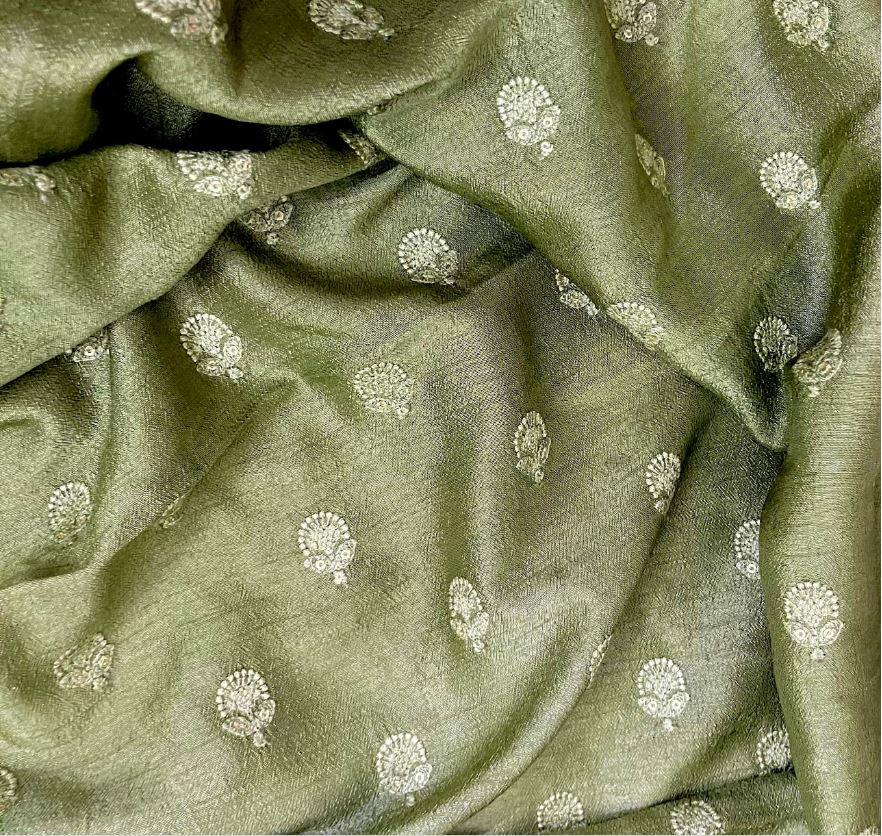 Green and gold embroidered fabric, Bridesmaid dress, Thread embroidery, Wedding dress, Luxury fabric, Vintage fabric, Haute couture, Handmade - NFAF556