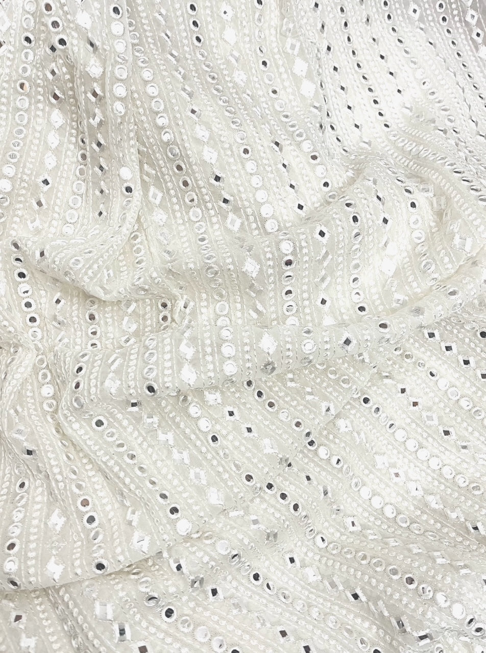 White embroidered fabric, Georgette foil mirror fabric, Wedding dress, Bridesmaid dress, Luxury fabric, Fashion fabric, Gold - NFAF485