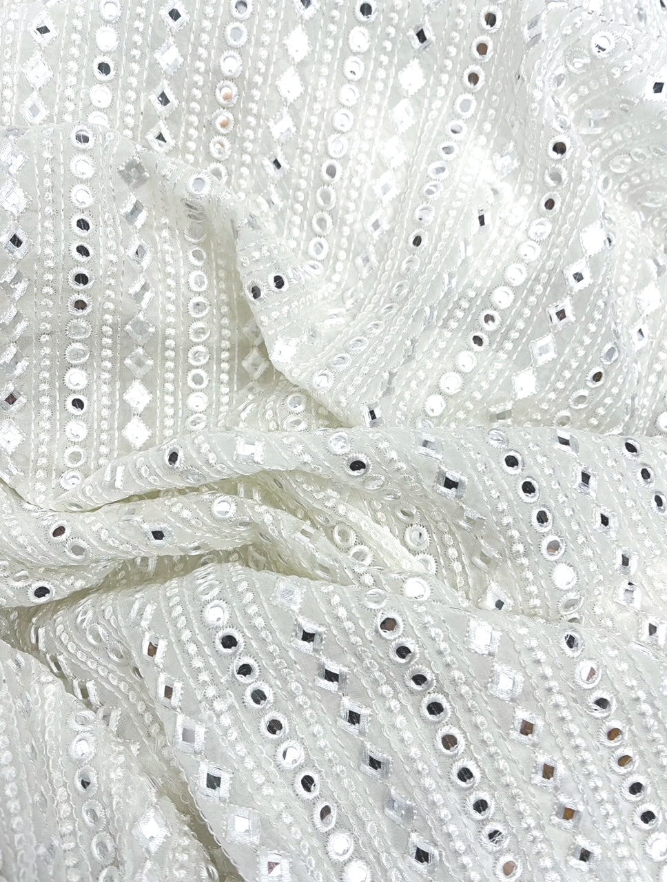 White embroidered fabric, Georgette foil mirror fabric, Wedding dress, Bridesmaid dress, Luxury fabric, Fashion fabric, Gold - NFAF485