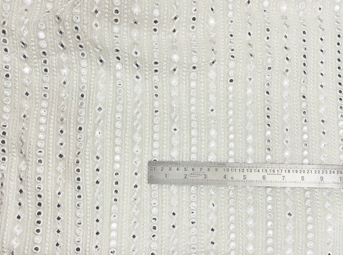 White embroidered fabric, Georgette foil mirror fabric, Wedding dress, Bridesmaid dress, Luxury fabric, Fashion fabric, Gold - NFAF485