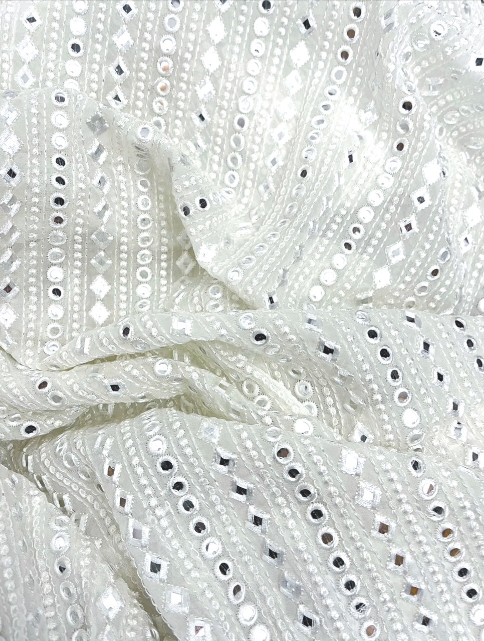 White embroidered fabric, Georgette foil mirror fabric, Wedding dress, Bridesmaid dress, Luxury fabric, Fashion fabric, Gold - NFAF485
