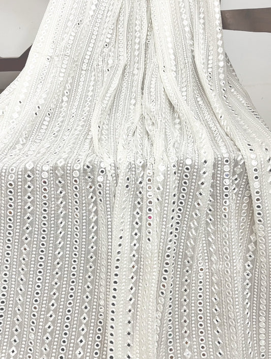 White embroidered fabric, Georgette foil mirror fabric, Wedding dress, Bridesmaid dress, Luxury fabric, Fashion fabric, Gold - NFAF485