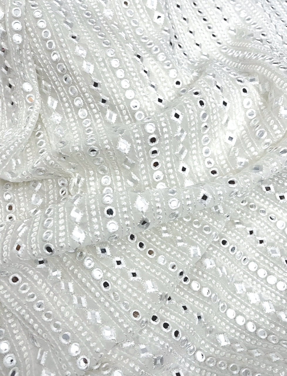 White embroidered fabric, Georgette foil mirror fabric, Wedding dress, Bridesmaid dress, Luxury fabric, Fashion fabric, Gold - NFAF485