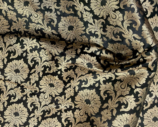 Banarasi Brocade Fabric, Black Gold Jacquard fabric, Wedding inspiration, Historical fabric, Renaissance fabric, Designer fabric, Party fabric - NFAF632