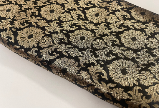 Banarasi Brocade Fabric, Black Gold Jacquard fabric, Wedding inspiration, Historical fabric, Renaissance fabric, Designer fabric, Party fabric - NFAF632