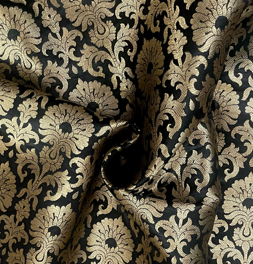 Banarasi Brocade Fabric, Black Gold Jacquard fabric, Wedding inspiration, Historical fabric, Renaissance fabric, Designer fabric, Party fabric - NFAF632
