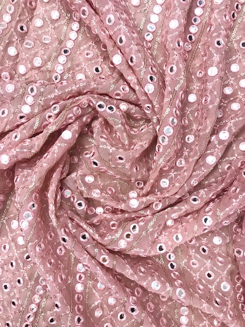 Peach embroidered fabric, Georgette foil mirror fabric, Wedding dress, Bridesmaid dress, Luxury fabric, Fashion fabric, Gold fabric - NFAF659