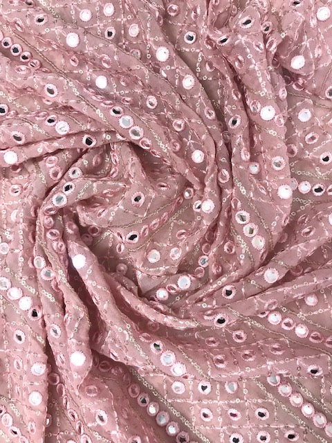 Peach embroidered fabric, Georgette foil mirror fabric, Wedding dress, Bridesmaid dress, Luxury fabric, Fashion fabric, Gold fabric - NFAF659