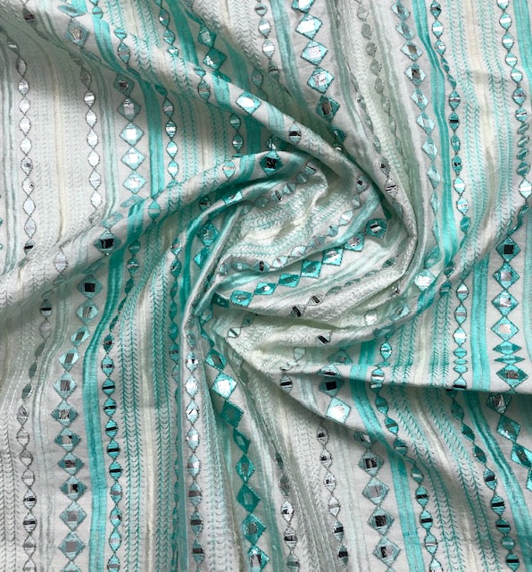 Sea green embroidered fabric, Wedding dress, Fabric store, Luxury fabric, Thread embroidery, Indian fabric, Couture fashion, Royal fabric - NFAF662