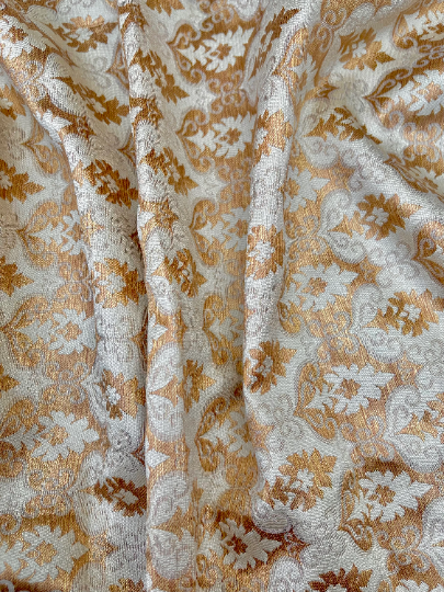 Banarasi Brocade Fabric, Beige Gold Jacquard fabric, Rayon silk brocade, Medieval fabric, Designer fabric, Gold fabric - NFAF859