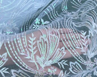 Ice Blue embroidered fabric, Tulle fabric, Mesh fabric, Dress Fabric, Wedding Fabric, Bridesmaid dress, Floral design, Luxury fabric - NFAF867
