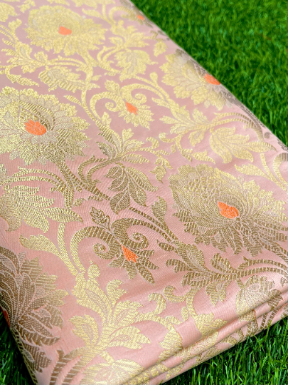 Peach and gold jacquard brocade fabric, Home décor fabric, Rayon silk brocade, Gothic fabric , Designer fabric, Lace brocade fabric - NFAF895
