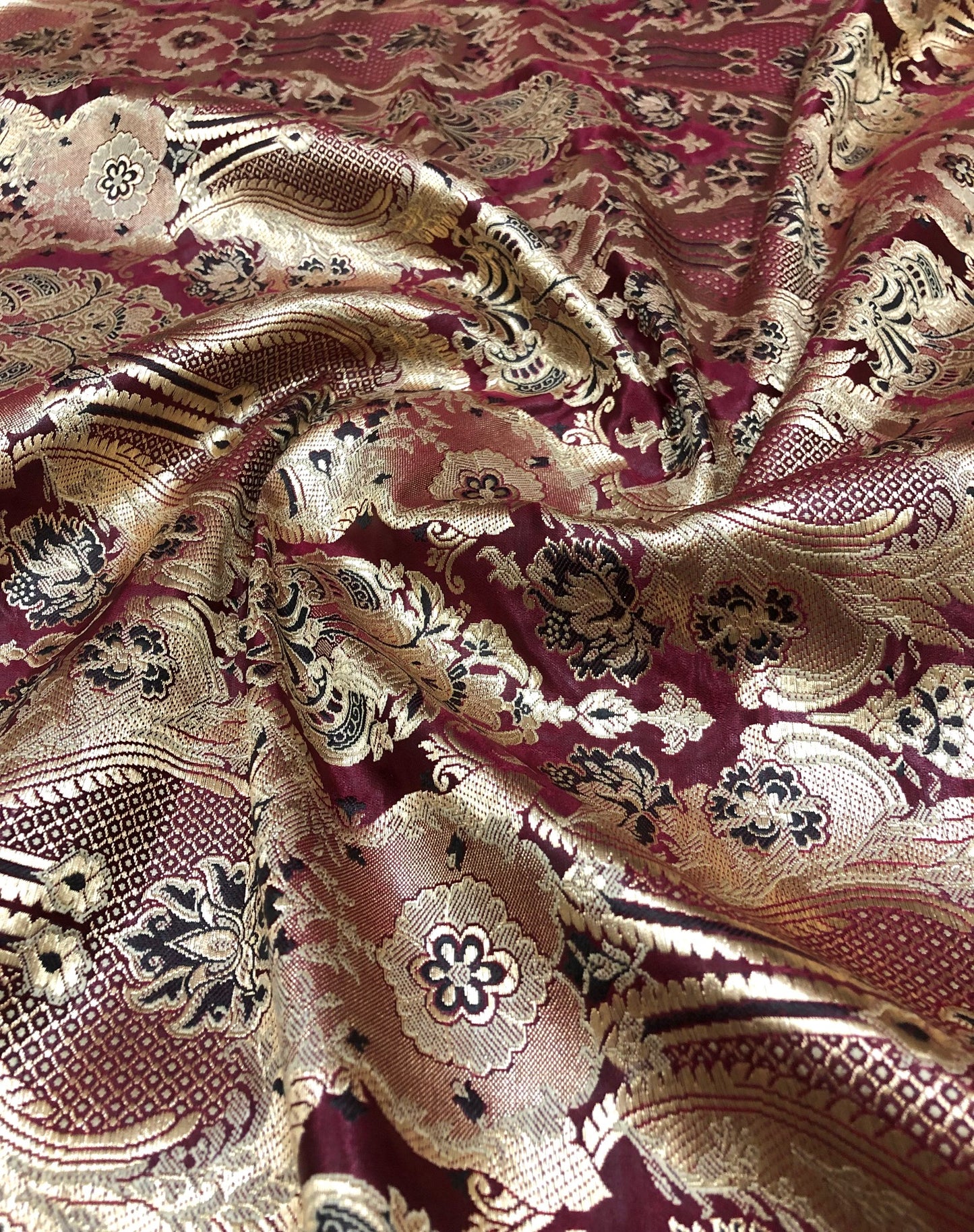 Indian Brocade fabric Jacquard damask fabric Maroon Gold fabric Wedding bridal fabric Luxury dress fabric Upholstery fabric by the yard