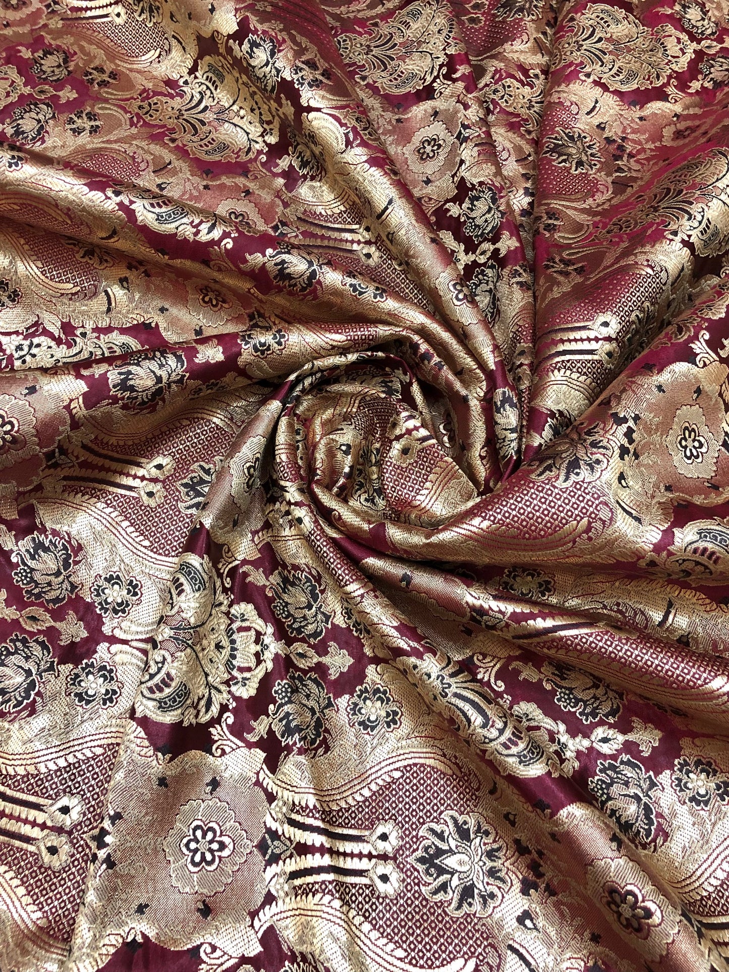 Indian Brocade fabric Jacquard damask fabric Maroon Gold fabric Wedding bridal fabric Luxury dress fabric Upholstery fabric by the yard